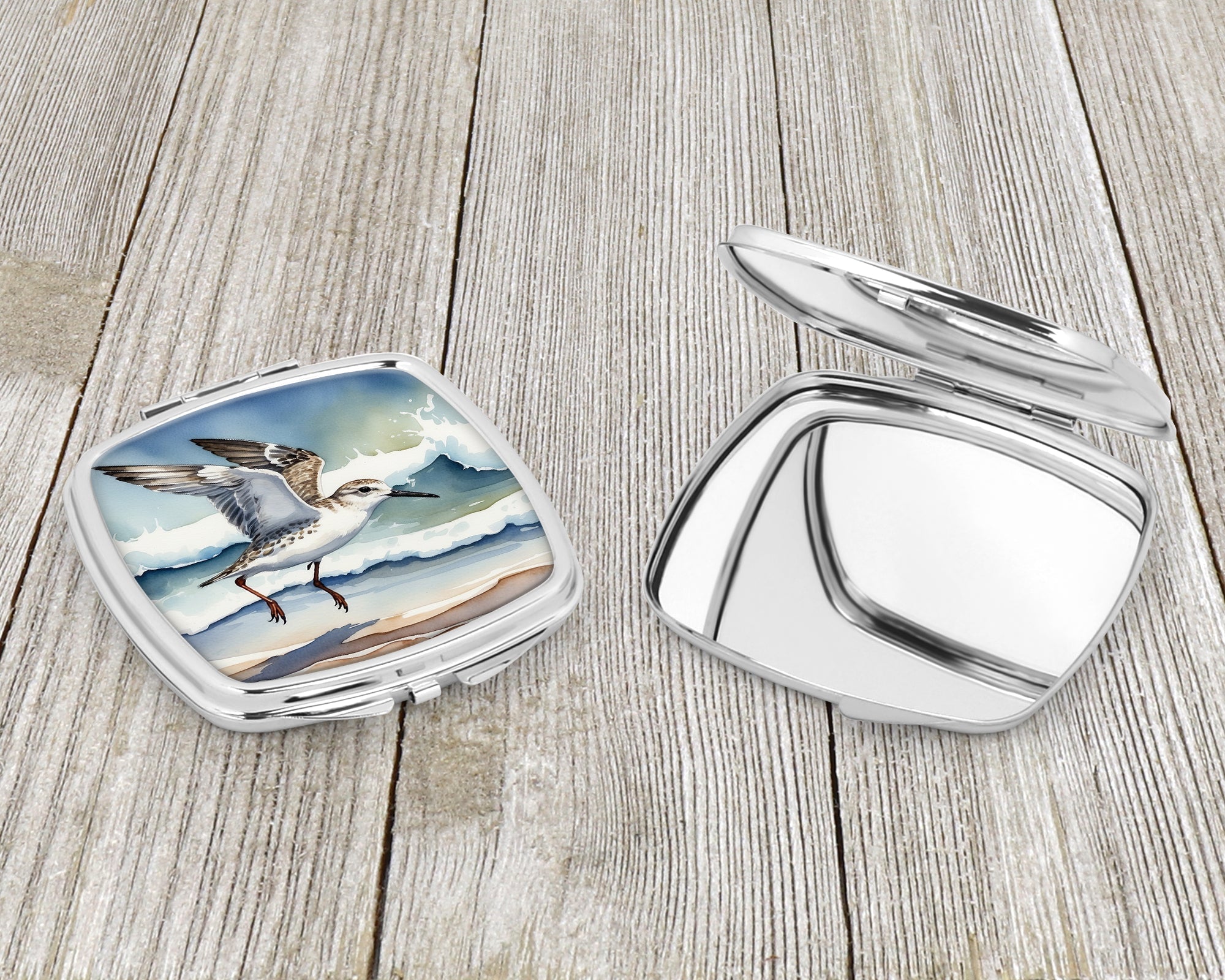 Sanderling Running Through Ocean Waves Watercolor Compact Mirror Decorative Travel Makeup Mirror for Women Girls Gifts Pocket Makeup Mirror Folding Handheld