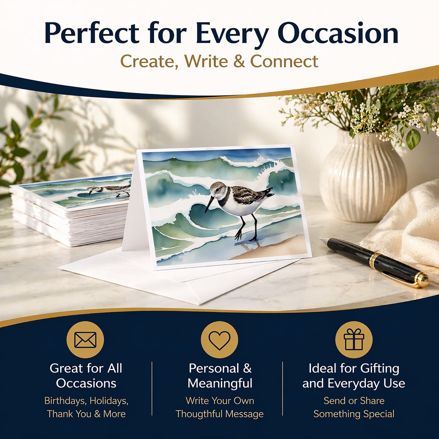 Sandpiper Walking Along Ocean Waves Watercolor Greeting Cards Pack of 8 Blank Cards with Envelopes Whimsical A7 Size 5x7
