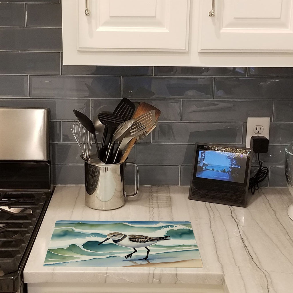 Sandpiper Walking Along Ocean Waves Watercolor Cutting Board Tempered Glass Kitchen Cutting Surface, Heat Resistant Chopping, Non-Slip Feet, Food Prep & Serving