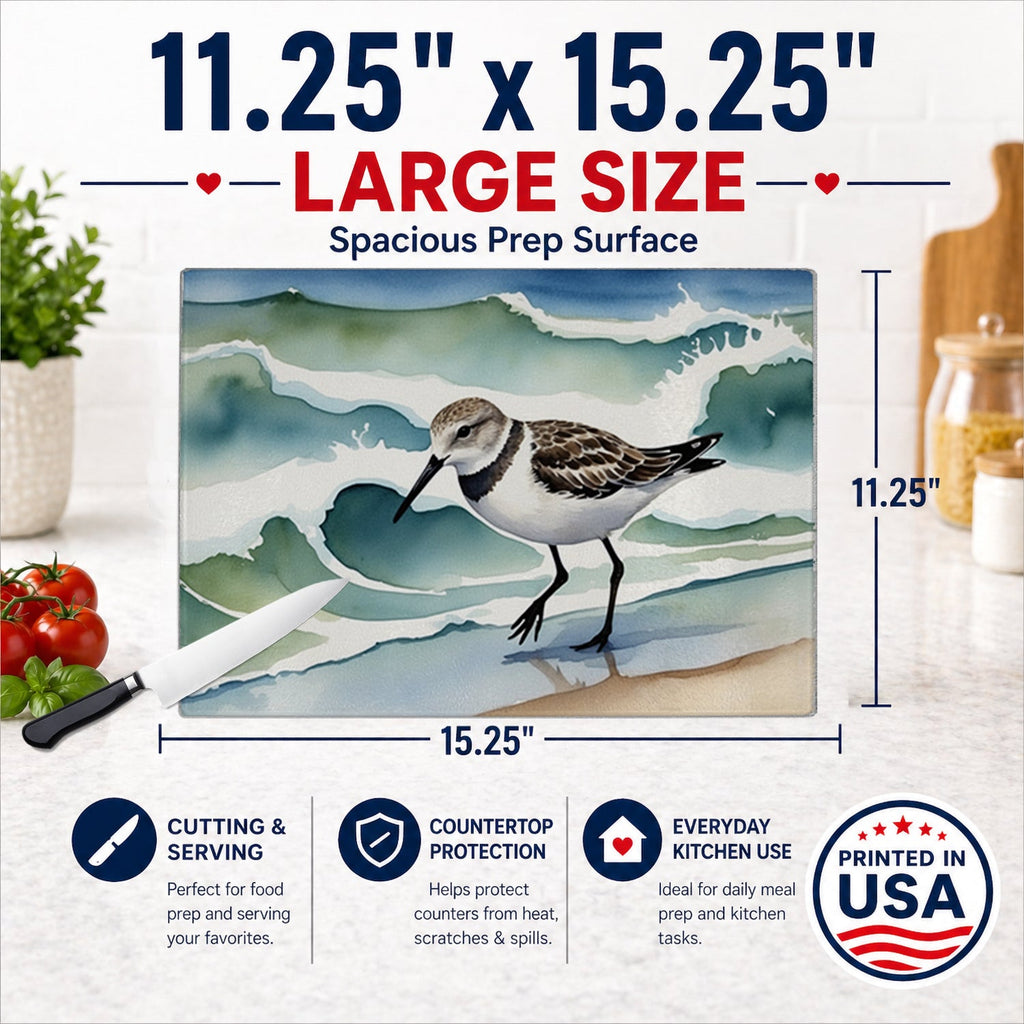 Sandpiper Walking Along Ocean Waves Watercolor Cutting Board Tempered Glass Kitchen Cutting Surface, Heat Resistant Chopping, Non-Slip Feet, Food Prep & Serving