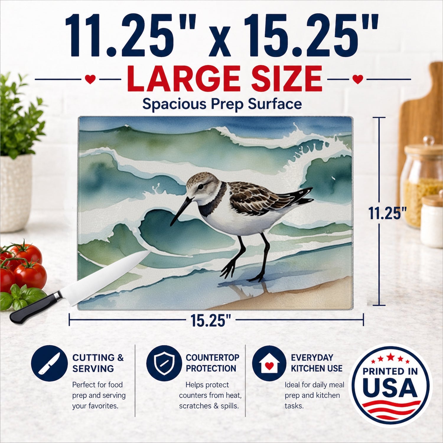 Sandpiper Walking Along Ocean Waves Watercolor Cutting Board Tempered Glass Kitchen Cutting Surface, Heat Resistant Chopping, Non-Slip Feet, Food Prep & Serving