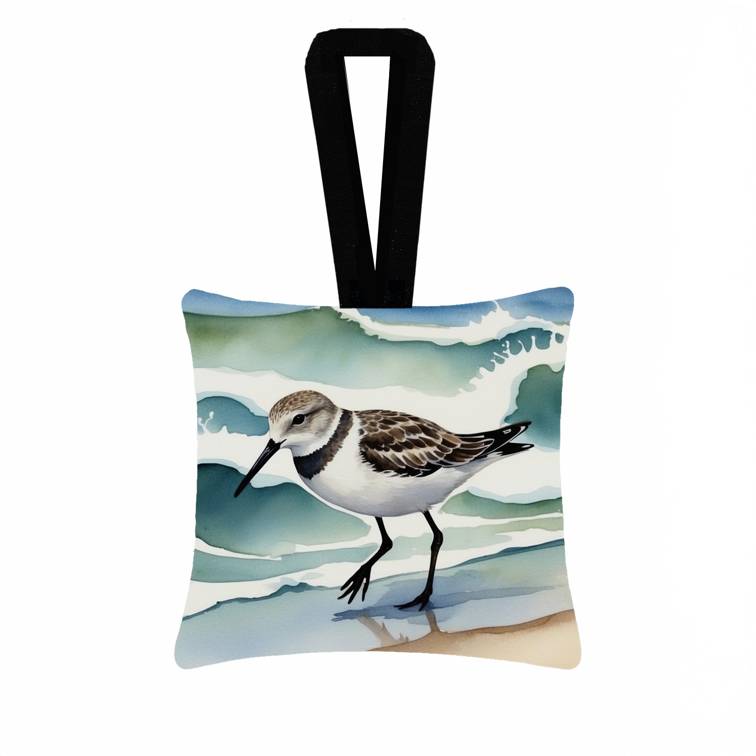 Sandpiper Walking Along Ocean Waves Watercolor Hanging Square Fabric Ornament 3.5 × 3.5 Decorative Door-Knob & Tree Hanger, Soft Fabric