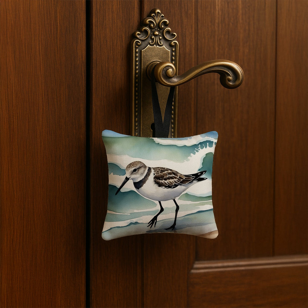 Sandpiper Walking Along Ocean Waves Watercolor Hanging Square Fabric Ornament 3.5 × 3.5 Decorative Door-Knob & Tree Hanger, Soft Fabric