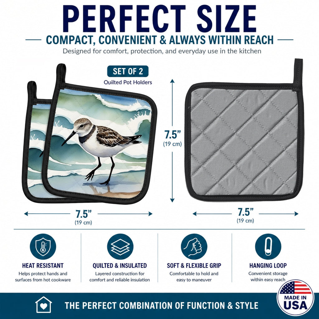 Sandpiper Walking Along Ocean Waves Watercolor Pot Holder Set of 2 Heat Resistant Quilted Hot Pads 7.5 x 7.5 Inch, Insulated Kitchen Trivets for Cooking & Baking
