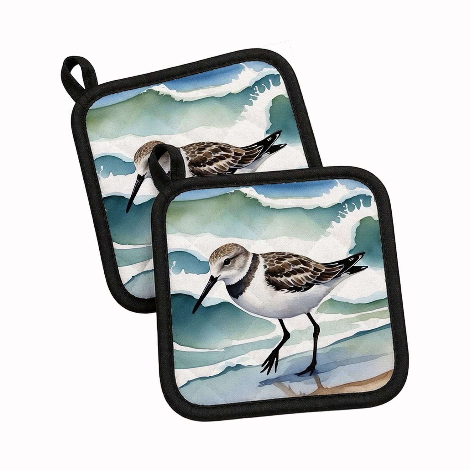 Sandpiper Walking Along Ocean Waves Watercolor Pot Holder Set of 2 Heat Resistant Quilted Hot Pads 7.5 x 7.5 Inch, Insulated Kitchen Trivets for Cooking & Baking