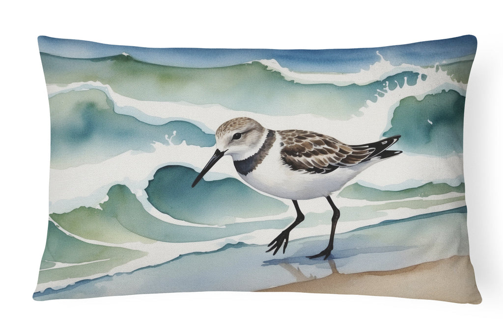 Sandpiper Walking Along Ocean Waves Watercolor Decorative Throw Pillow 12x16 Indoor Outdoor Accent Cushion, Fabric Cover with Insert for Sofa, Bed, Porch & Living Room