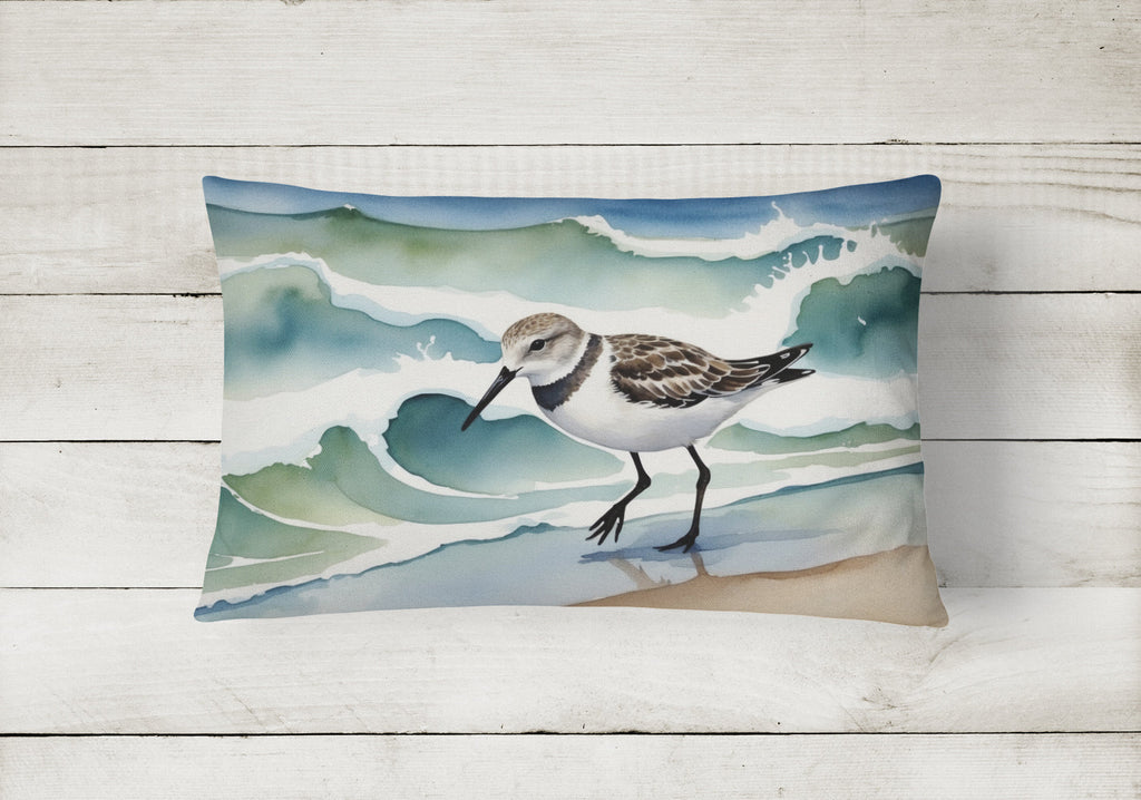 Sandpiper Walking Along Ocean Waves Watercolor Decorative Throw Pillow 12x16 Indoor Outdoor Accent Cushion, Fabric Cover with Insert for Sofa, Bed, Porch & Living Room