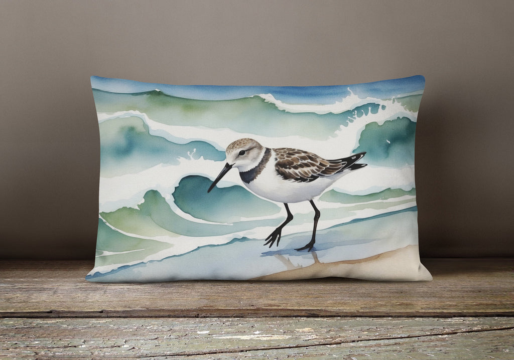Sandpiper Walking Along Ocean Waves Watercolor Decorative Throw Pillow 12x16 Indoor Outdoor Accent Cushion, Fabric Cover with Insert for Sofa, Bed, Porch & Living Room