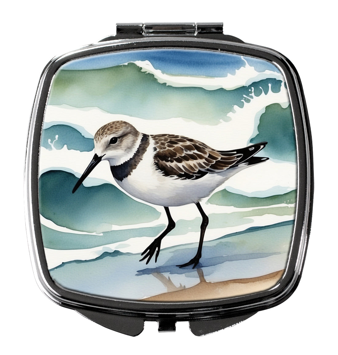 Sandpiper Walking Along Ocean Waves Watercolor Compact Mirror Decorative Travel Makeup Mirror for Women Girls Gifts Pocket Makeup Mirror Folding Handheld