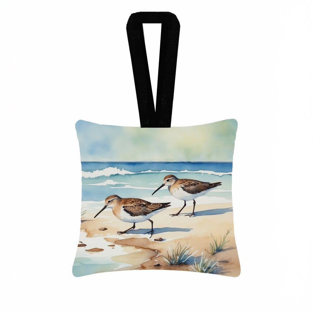 Sandpipers on Beach Shoreline Watercolor Hanging Square Fabric Ornament 3.5 × 3.5 Decorative Door-Knob & Tree Hanger, Soft Fabric