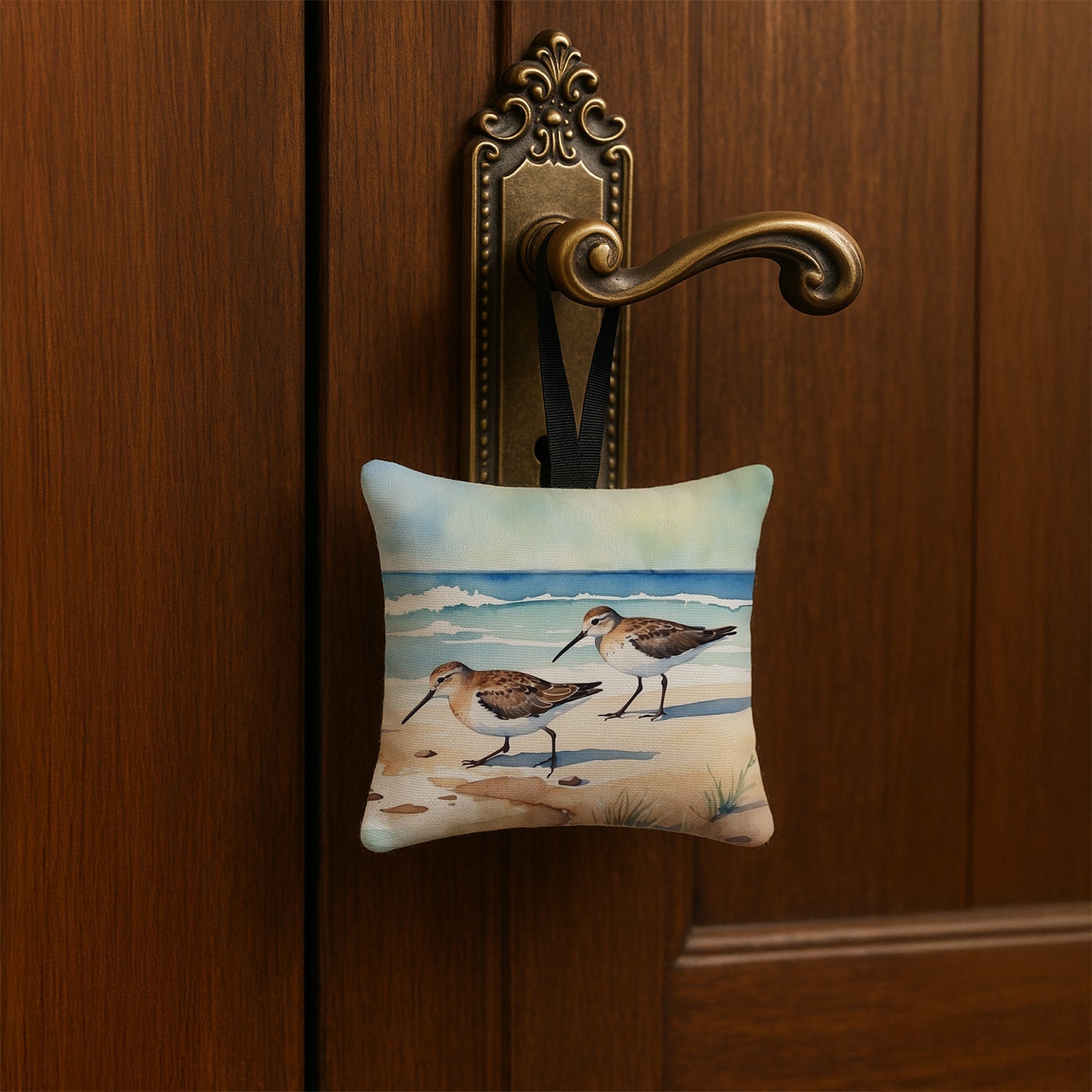 Sandpipers on Beach Shoreline Watercolor Hanging Square Fabric Ornament 3.5 × 3.5 Decorative Door-Knob & Tree Hanger, Soft Fabric