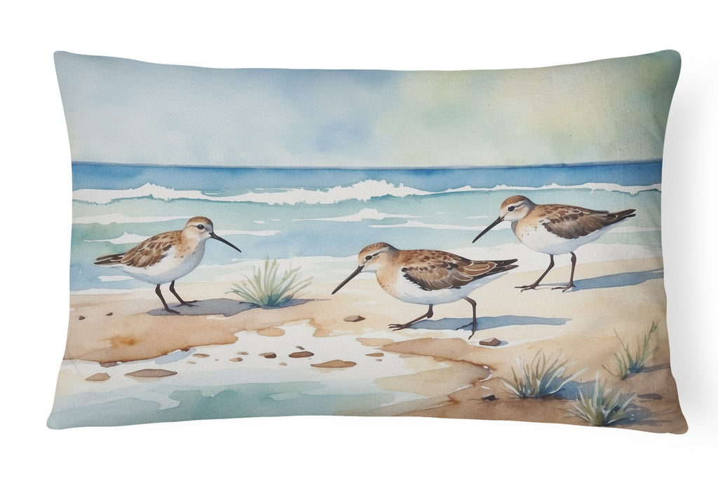 Sandpipers on Beach Shoreline Watercolor Decorative Throw Pillow 12x16 Indoor Outdoor Accent Cushion, Fabric Cover with Insert for Sofa, Bed, Porch & Living Room