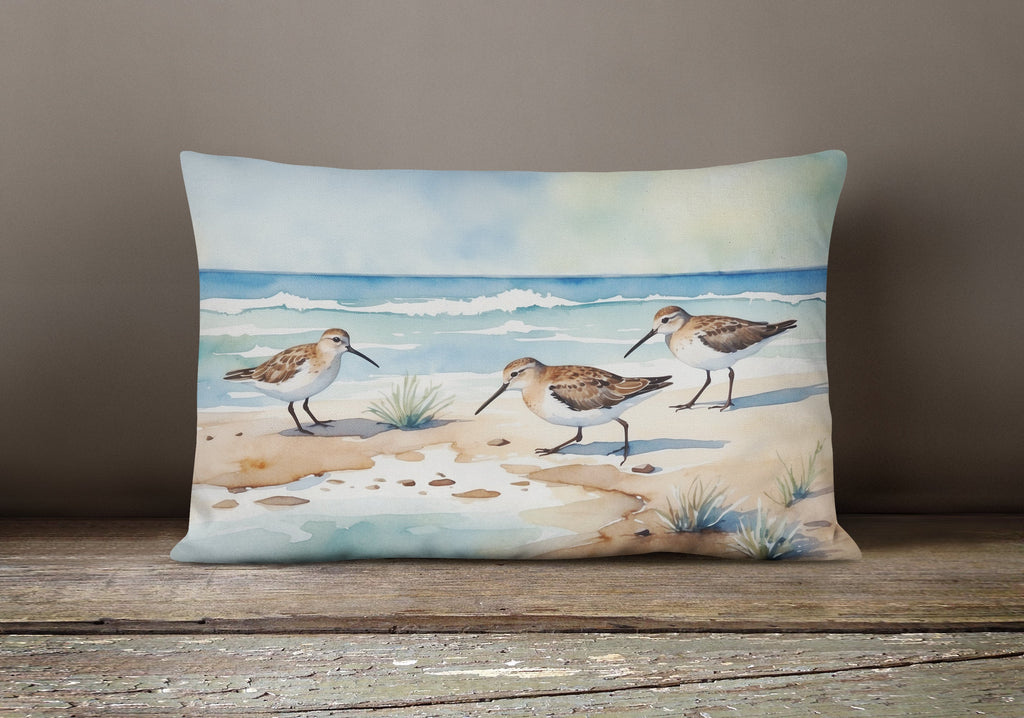 Sandpipers on Beach Shoreline Watercolor Decorative Throw Pillow 12x16 Indoor Outdoor Accent Cushion, Fabric Cover with Insert for Sofa, Bed, Porch & Living Room