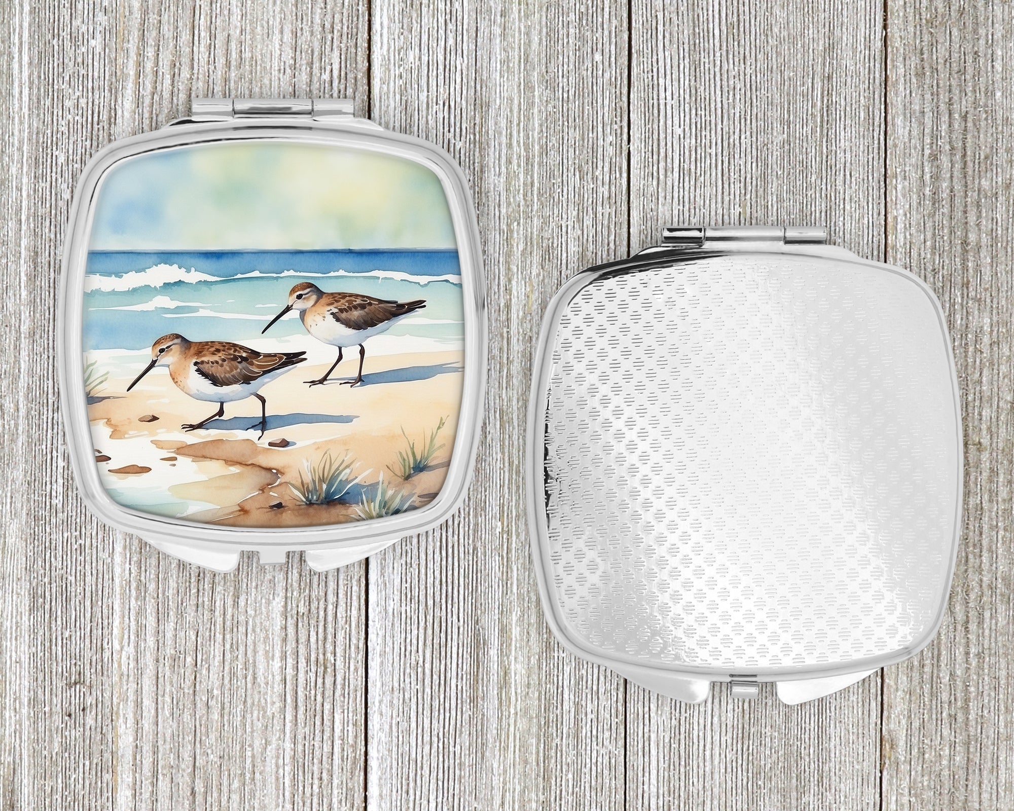 Sandpipers on Beach Shoreline Watercolor Compact Mirror Decorative Travel Makeup Mirror for Women Girls Gifts Pocket Makeup Mirror Folding Handheld