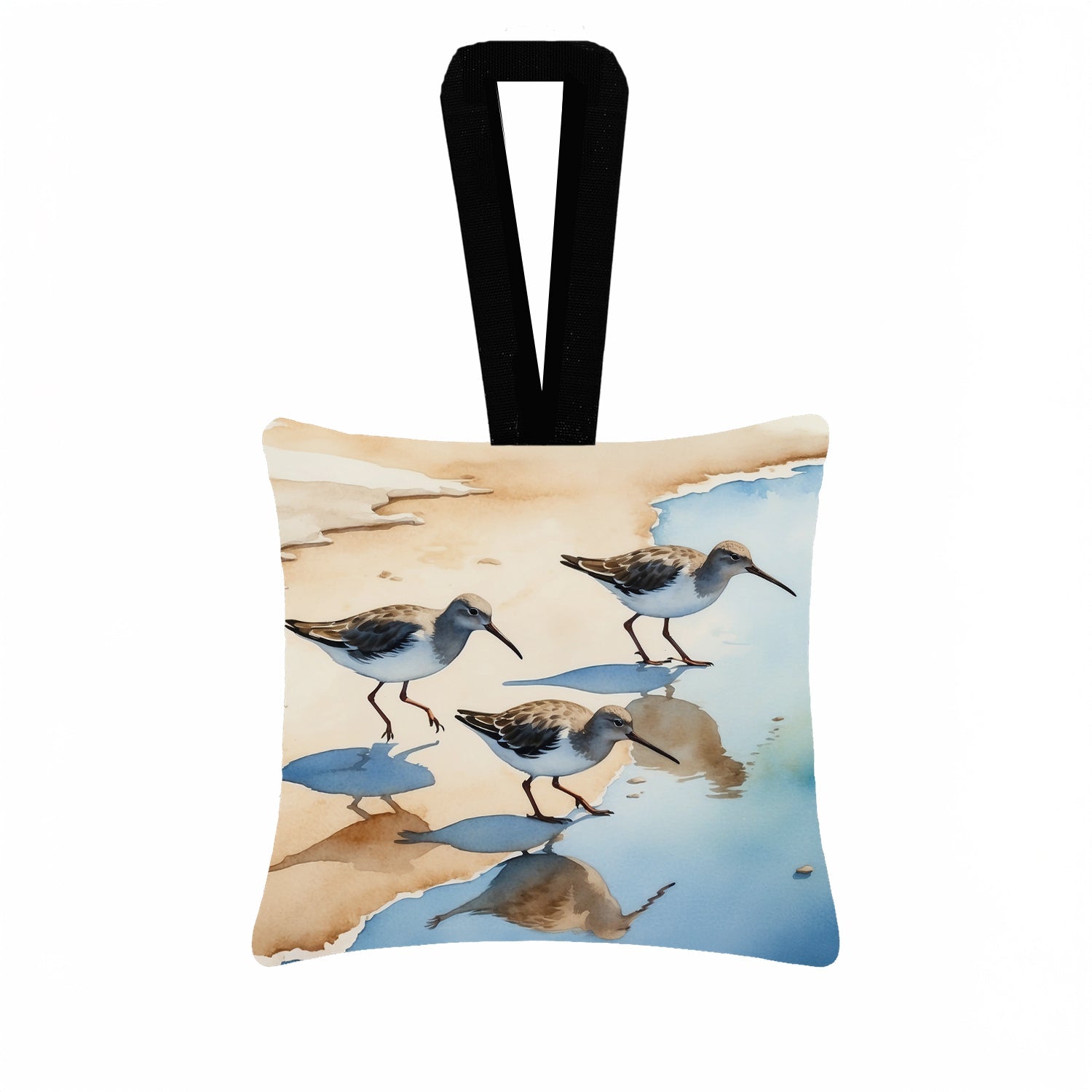 Sandpipers Running Along Shore Watercolor Hanging Square Fabric Ornament 3.5 × 3.5 Decorative Door-Knob & Tree Hanger, Soft Fabric
