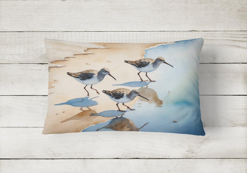 Sandpipers Running Along Shore Watercolor Decorative Throw Pillow 12x16 Indoor Outdoor Accent Cushion, Fabric Cover with Insert for Sofa, Bed, Porch & Living Room