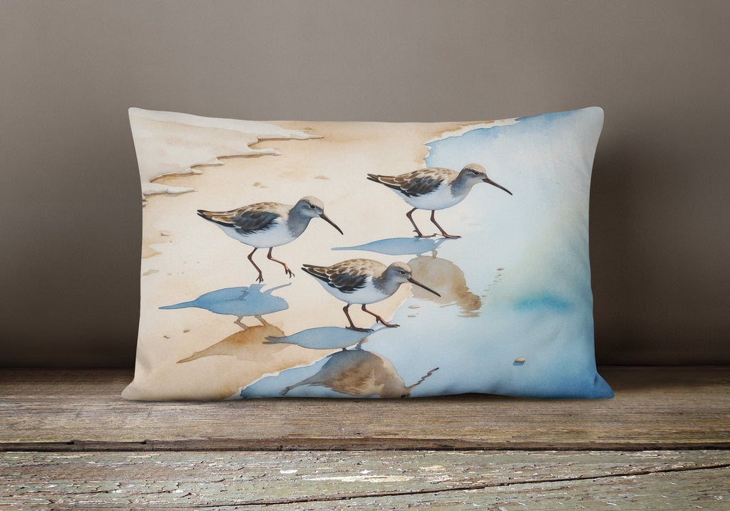 Sandpipers Running Along Shore Watercolor Decorative Throw Pillow 12x16 Indoor Outdoor Accent Cushion, Fabric Cover with Insert for Sofa, Bed, Porch & Living Room