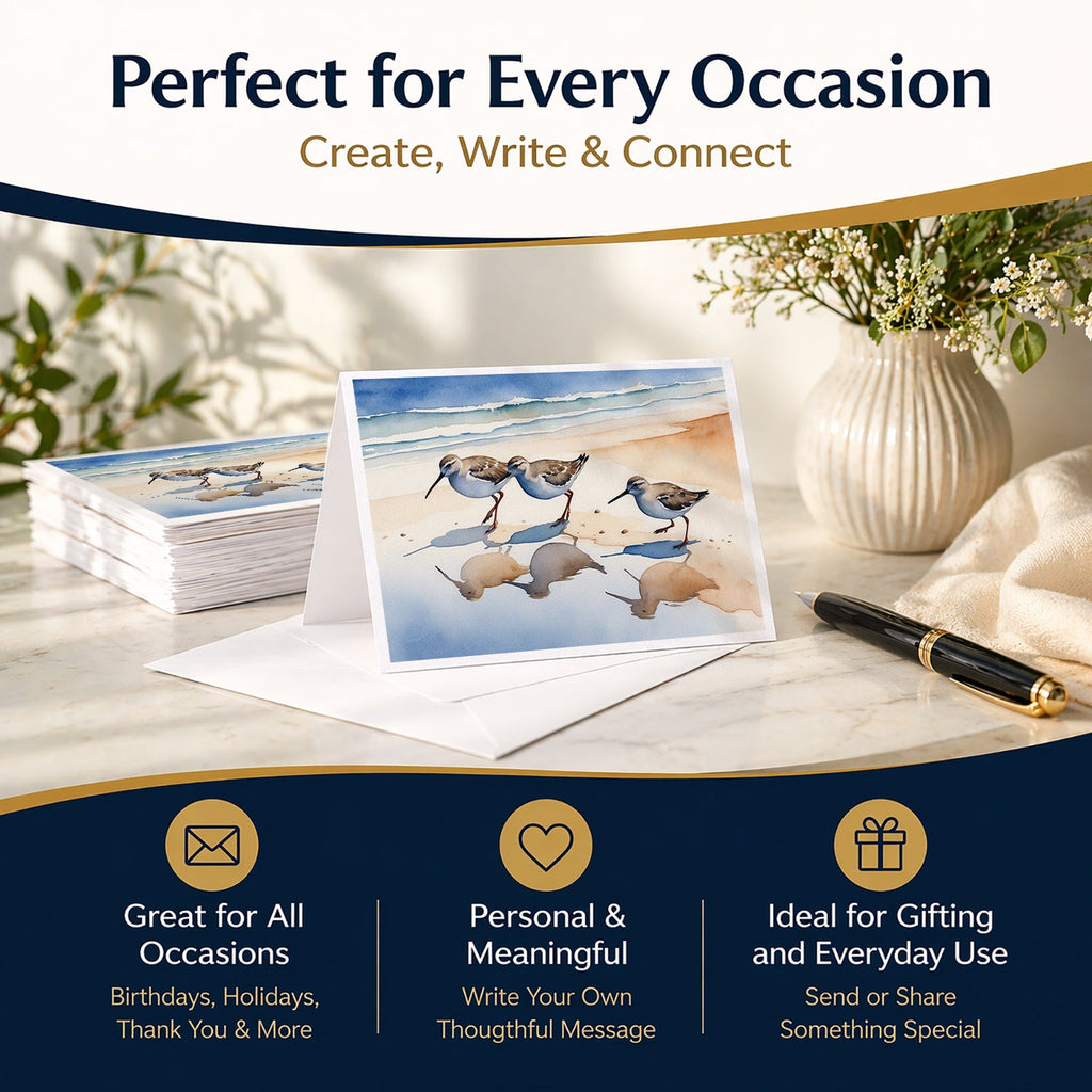 Sandpipers Coastal Reflection Watercolor Greeting Cards Pack of 8 Blank Cards with Envelopes Whimsical A7 Size 5x7