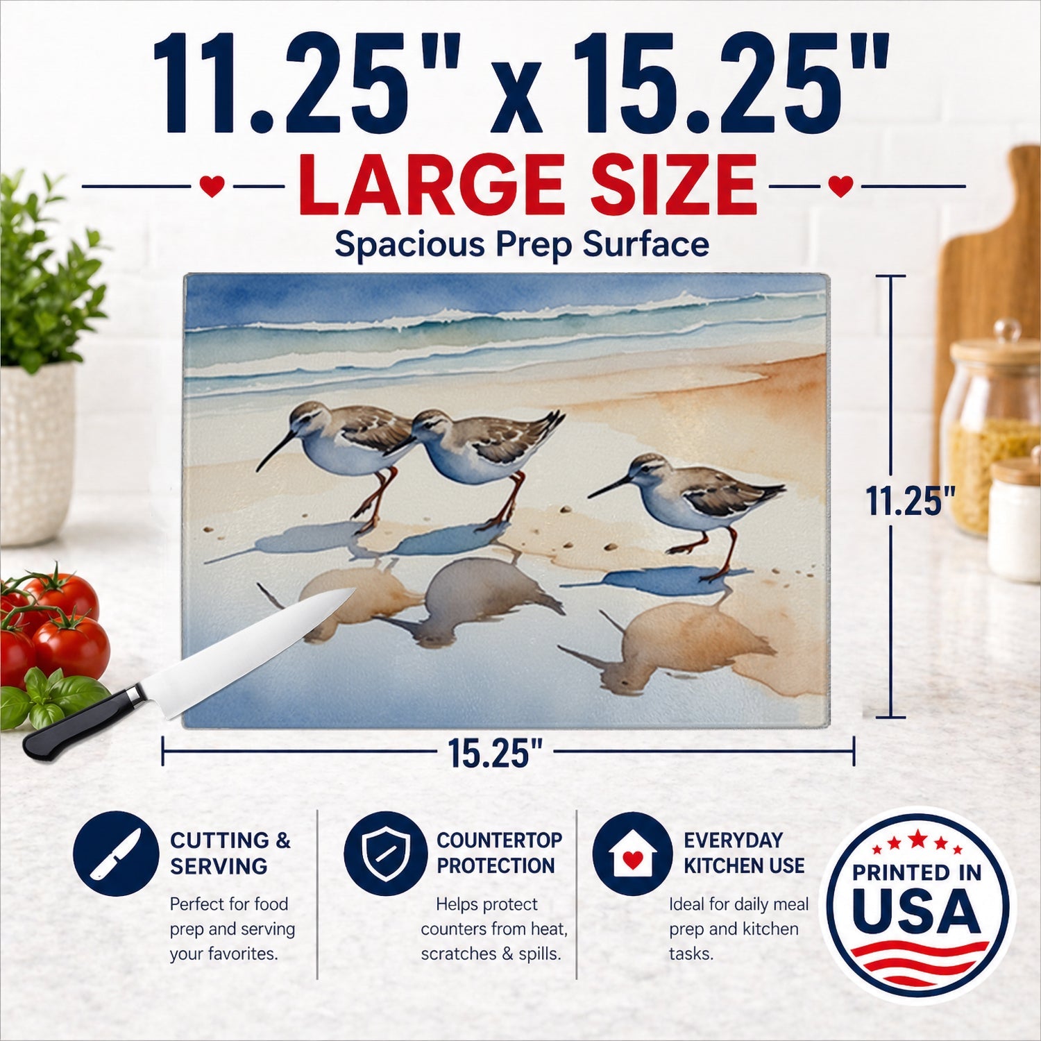 Sandpipers Coastal Reflection Watercolor Cutting Board Tempered Glass Kitchen Cutting Surface, Heat Resistant Chopping, Non-Slip Feet, Food Prep & Serving