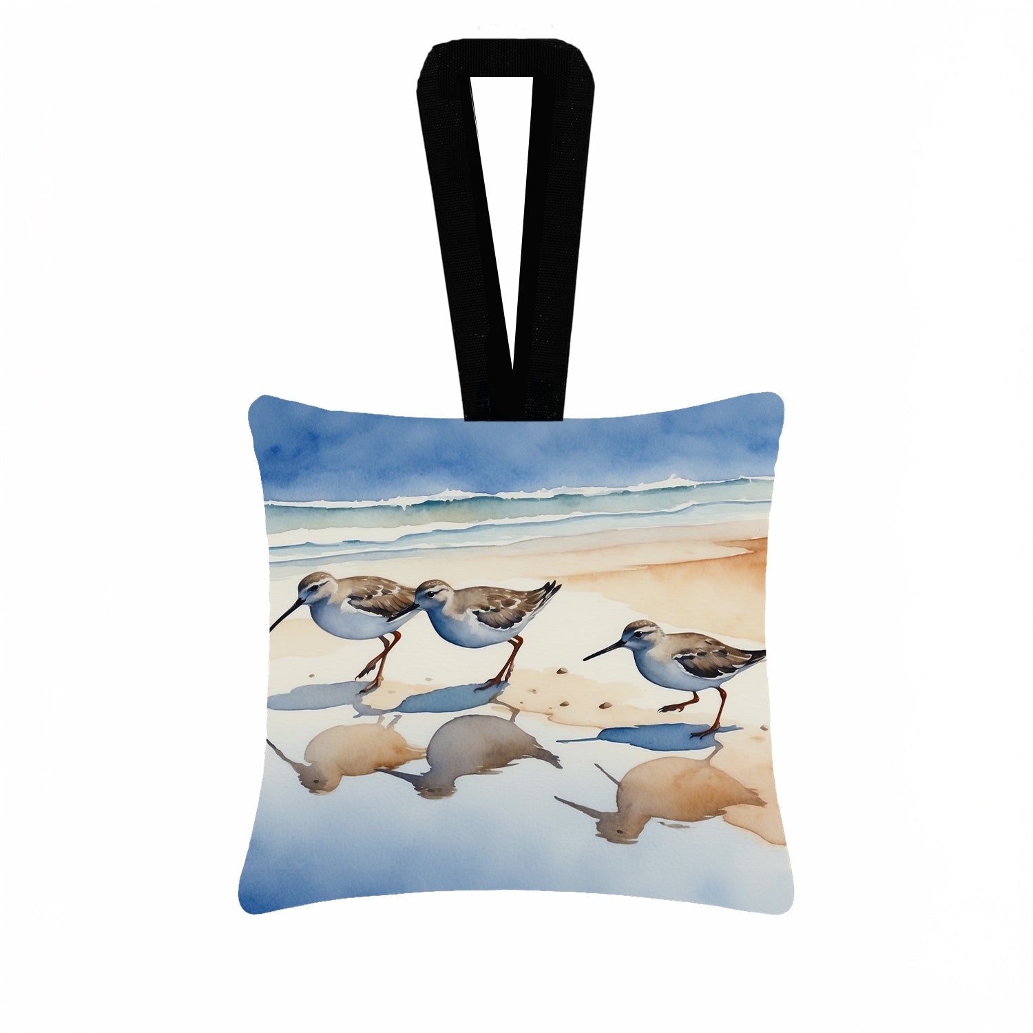 Sandpipers Coastal Reflection Watercolor Hanging Square Fabric Ornament 3.5 × 3.5 Decorative Door-Knob & Tree Hanger, Soft Fabric