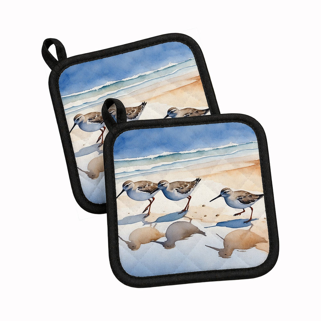 Sandpipers Coastal Reflection Watercolor Pot Holder Set of 2 Heat Resistant Quilted Hot Pads 7.5 x 7.5 Inch, Insulated Kitchen Trivets for Cooking & Baking