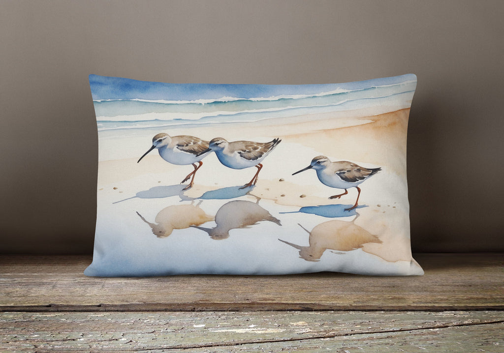 Sandpipers Coastal Reflection Watercolor Decorative Throw Pillow 12x16 Indoor Outdoor Accent Cushion, Fabric Cover with Insert for Sofa, Bed, Porch & Living Room