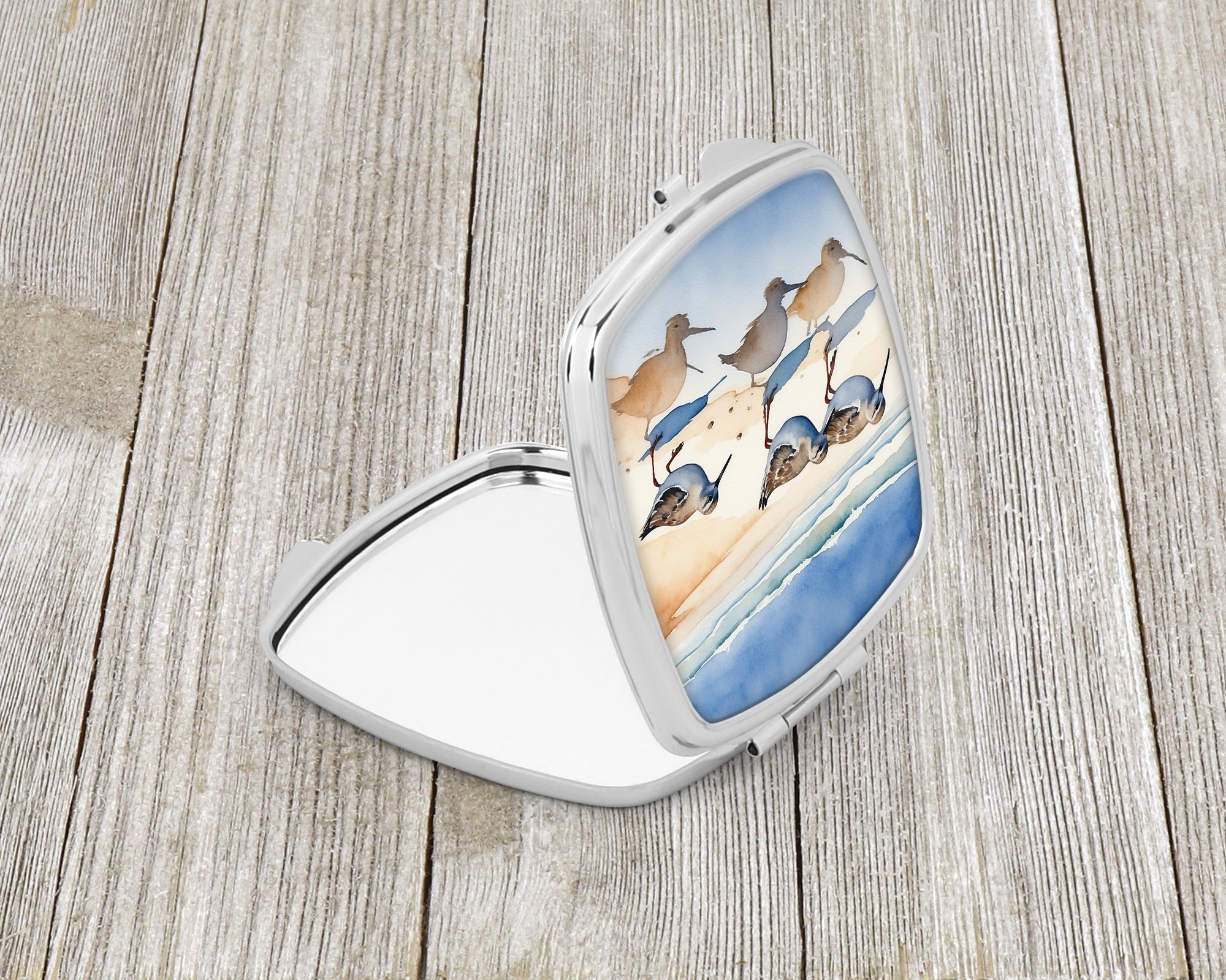 Sandpipers Coastal Reflection Watercolor Compact Mirror Decorative Travel Makeup Mirror for Women Girls Gifts Pocket Makeup Mirror Folding Handheld