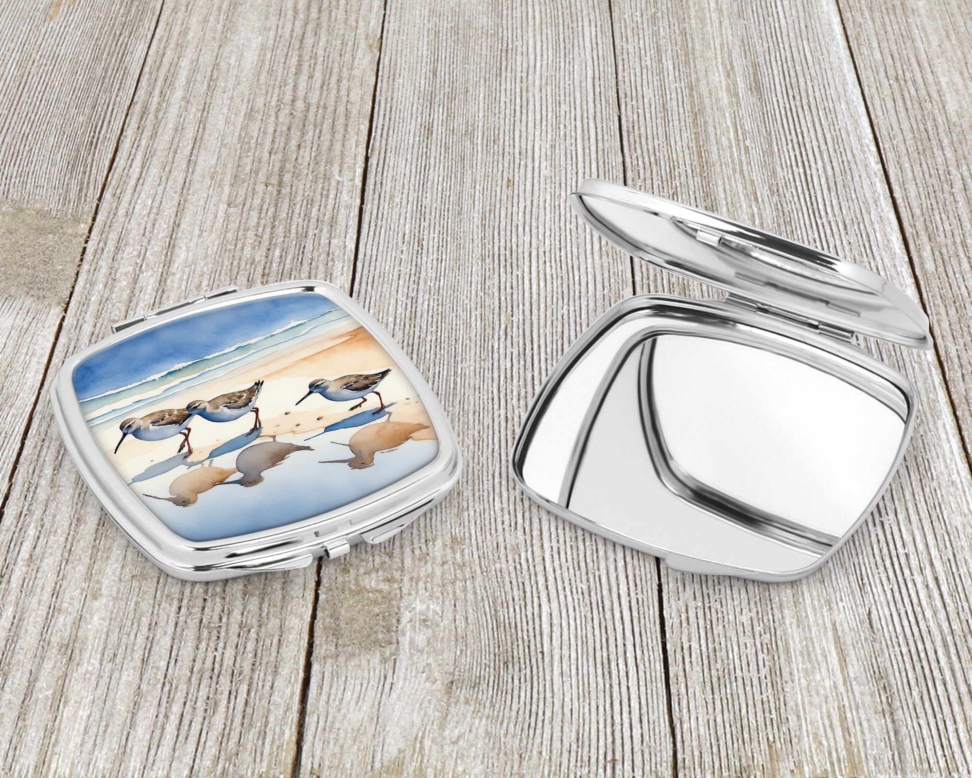 Sandpipers Coastal Reflection Watercolor Compact Mirror Decorative Travel Makeup Mirror for Women Girls Gifts Pocket Makeup Mirror Folding Handheld