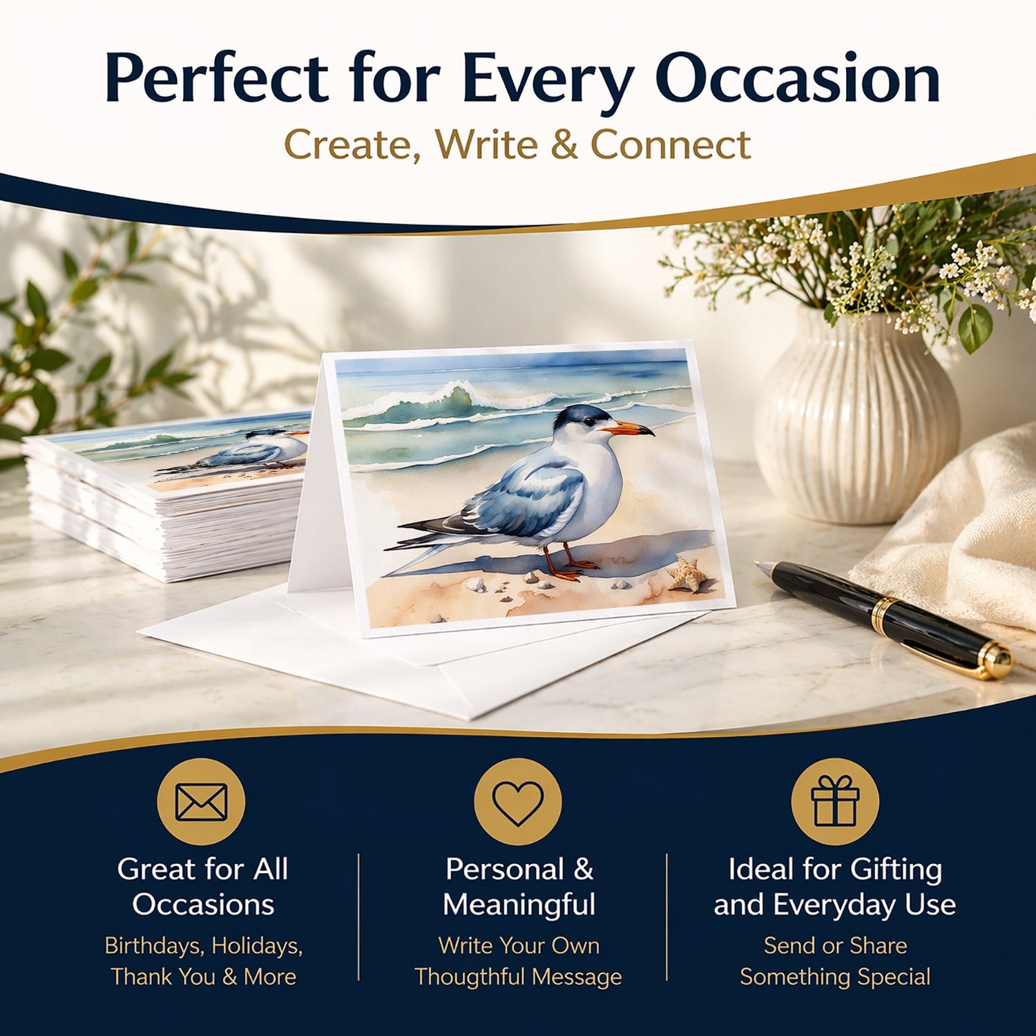 Tern Resting on Beach Shore Watercolor Greeting Cards Pack of 8 Blank Cards with Envelopes Whimsical A7 Size 5x7