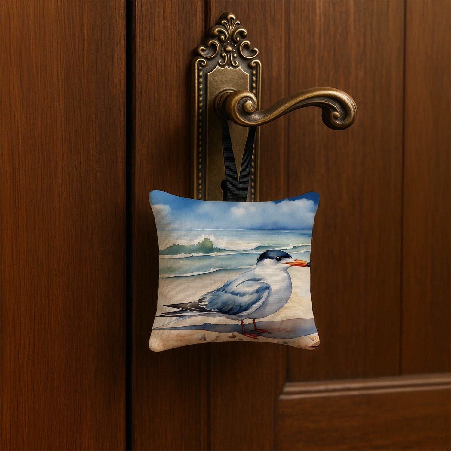 Tern Resting on Beach Shore Watercolor Hanging Square Fabric Ornament 3.5 × 3.5 Decorative Door-Knob & Tree Hanger, Soft Fabric