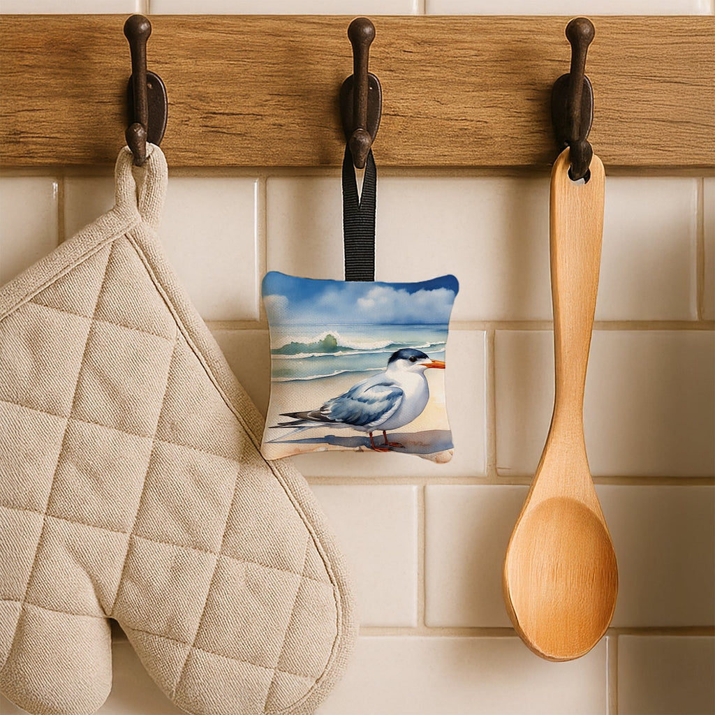 Tern Resting on Beach Shore Watercolor Hanging Square Fabric Ornament 3.5 × 3.5 Decorative Door-Knob & Tree Hanger, Soft Fabric