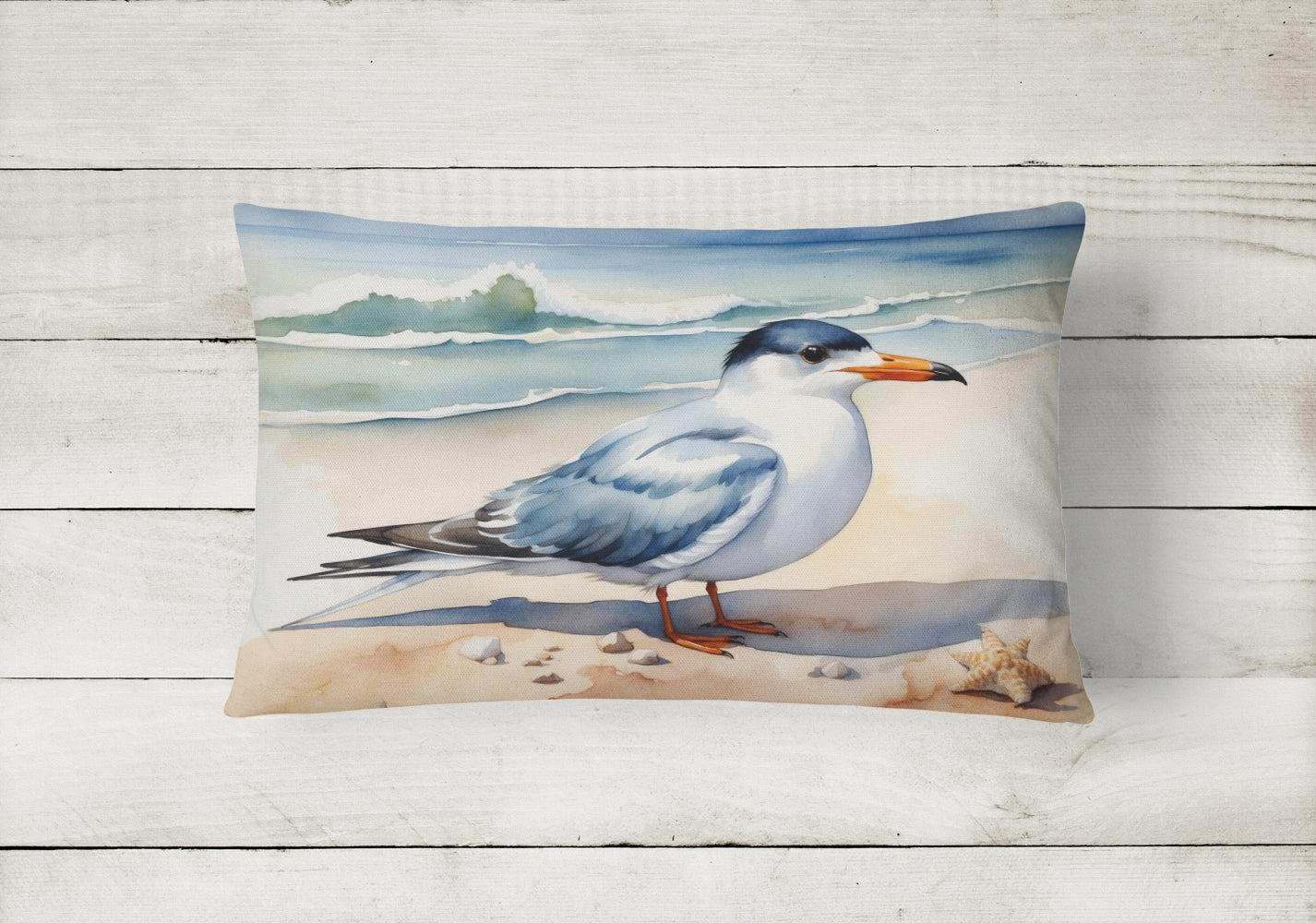 Tern Resting on Beach Shore Watercolor Decorative Throw Pillow 12x16 Indoor Outdoor Accent Cushion, Fabric Cover with Insert for Sofa, Bed, Porch & Living Room