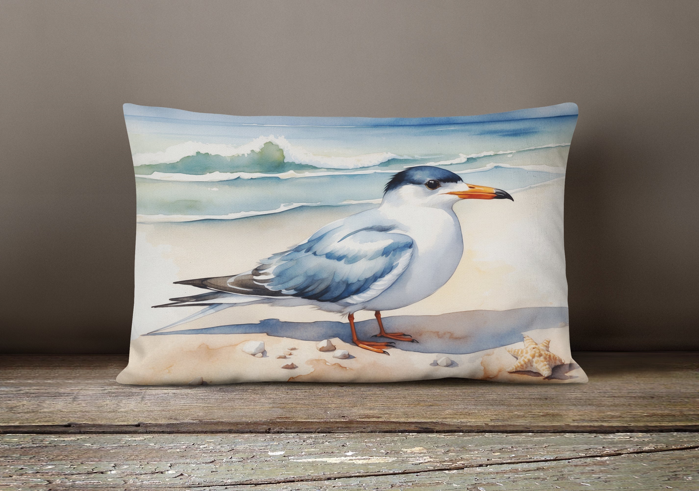 Tern Resting on Beach Shore Watercolor Decorative Throw Pillow 12x16 Indoor Outdoor Accent Cushion, Fabric Cover with Insert for Sofa, Bed, Porch & Living Room