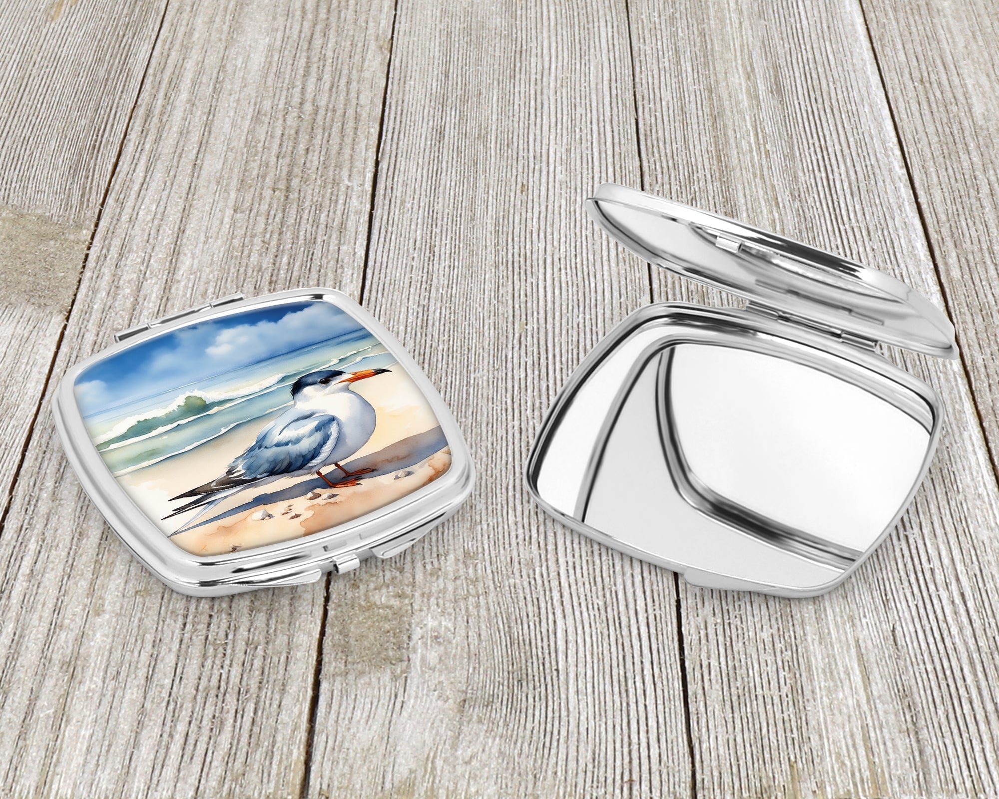 Tern Resting on Beach Shore Watercolor Compact Mirror Decorative Travel Makeup Mirror for Women Girls Gifts Pocket Makeup Mirror Folding Handheld