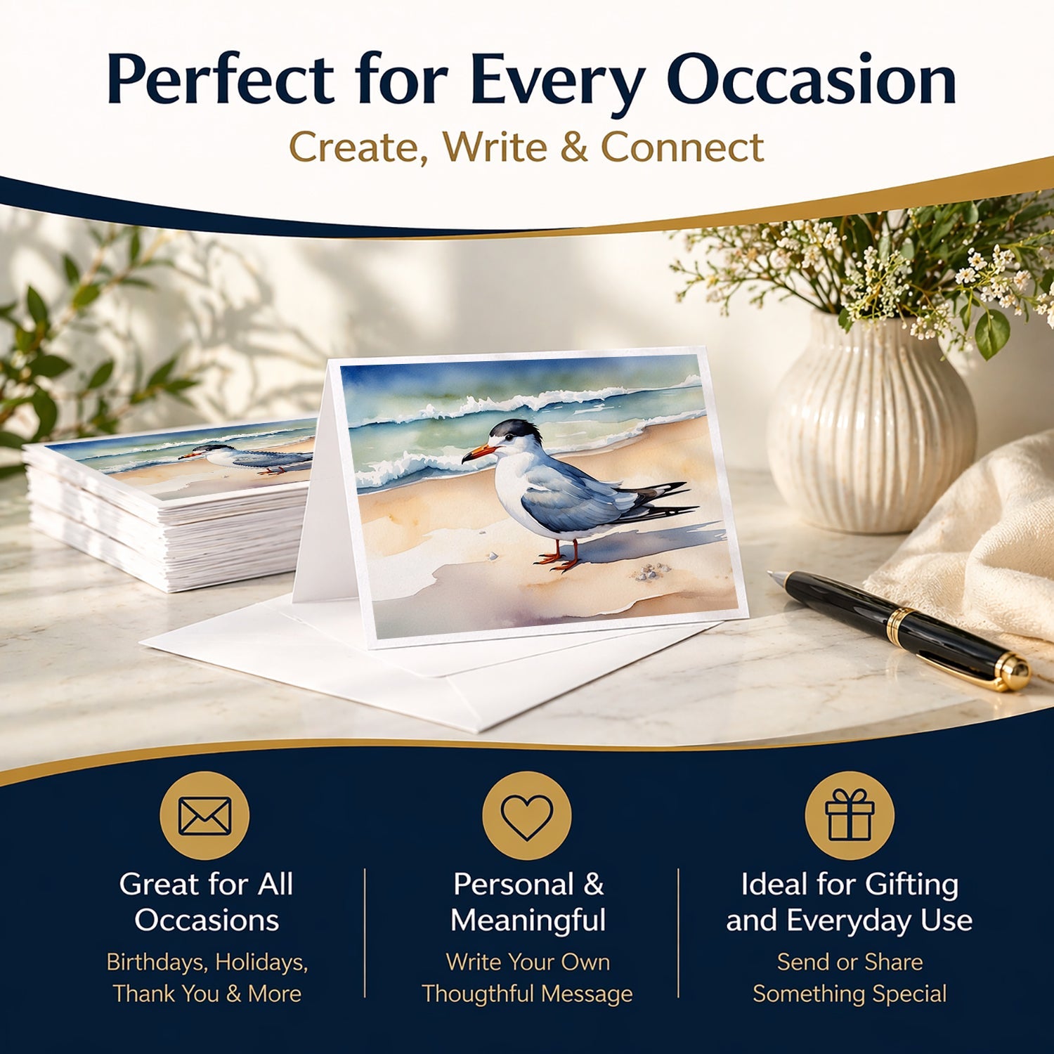 Tern Resting on Sandy Beach Watercolor Greeting Cards Pack of 8 Blank Cards with Envelopes Whimsical A7 Size 5x7