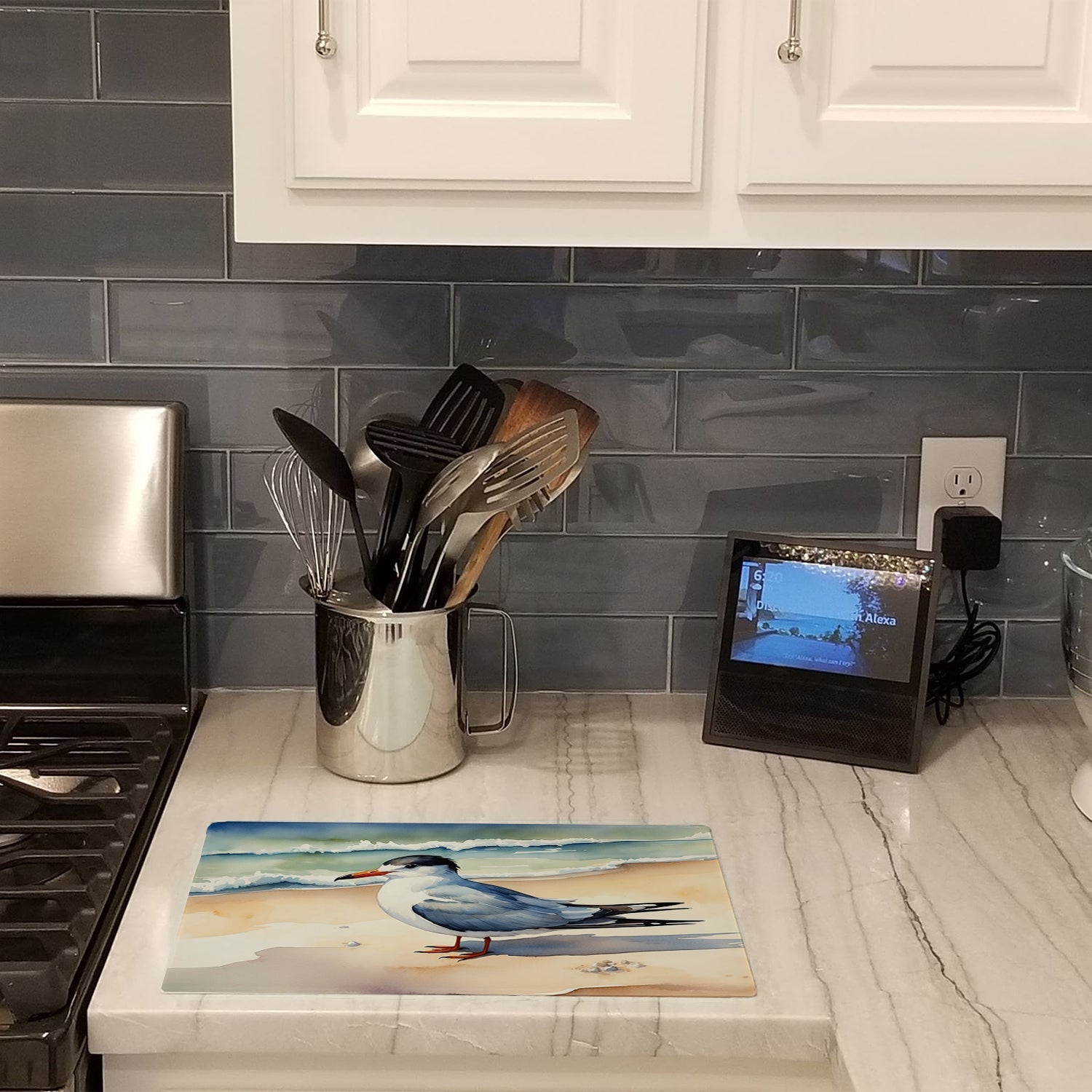 Tern Resting on Sandy Beach Watercolor Cutting Board Tempered Glass Kitchen Cutting Surface, Heat Resistant Chopping, Non-Slip Feet, Food Prep & Serving