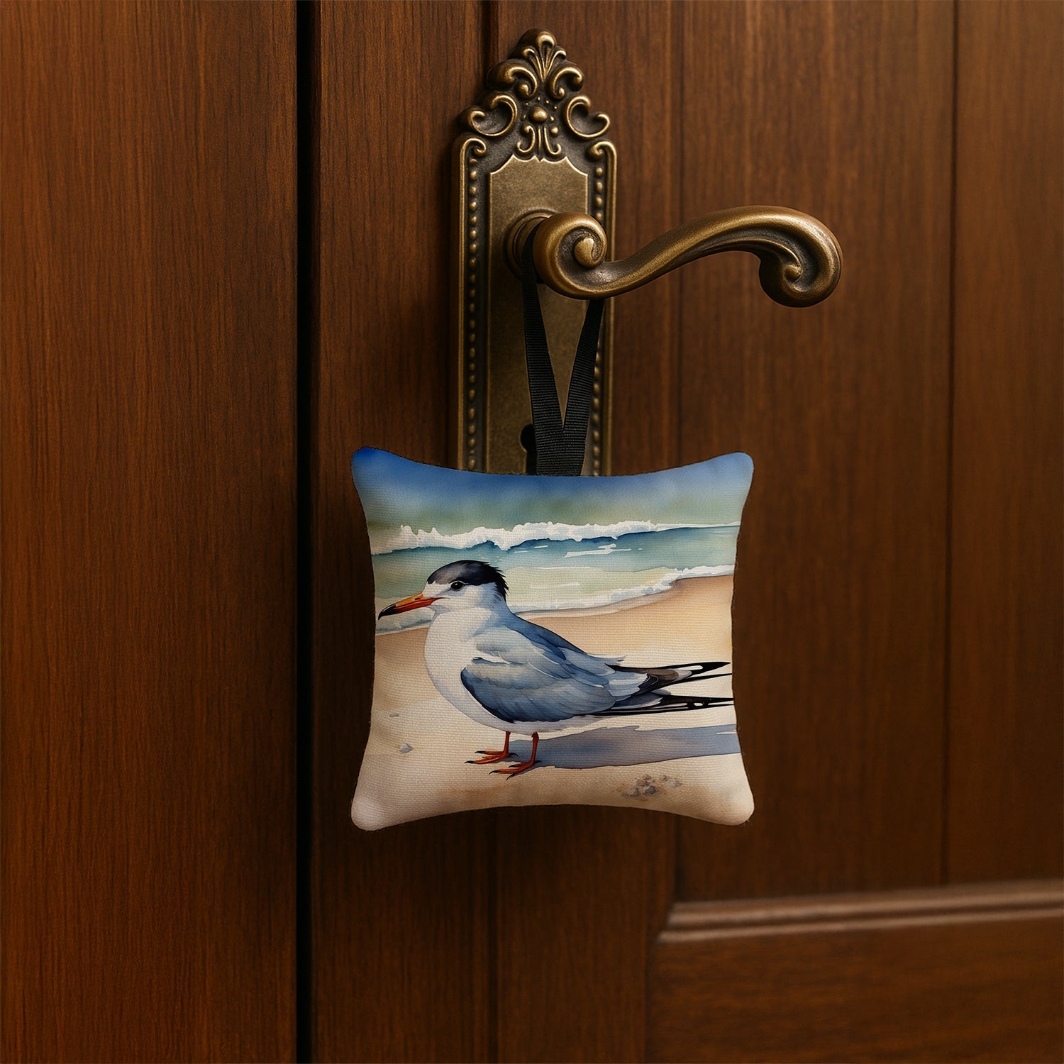 Tern Resting on Sandy Beach Watercolor Hanging Square Fabric Ornament 3.5 × 3.5 Decorative Door-Knob & Tree Hanger, Soft Fabric