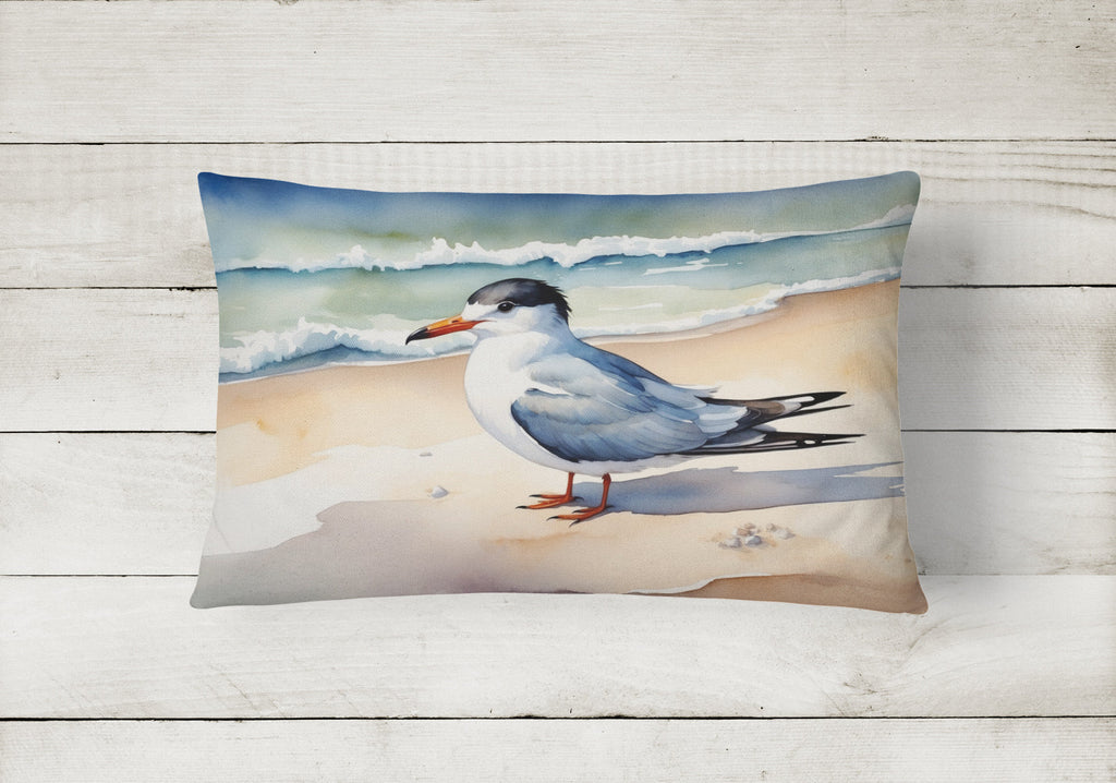 Tern Resting on Sandy Beach Watercolor Decorative Throw Pillow 12x16 Indoor Outdoor Accent Cushion, Fabric Cover with Insert for Sofa, Bed, Porch & Living Room