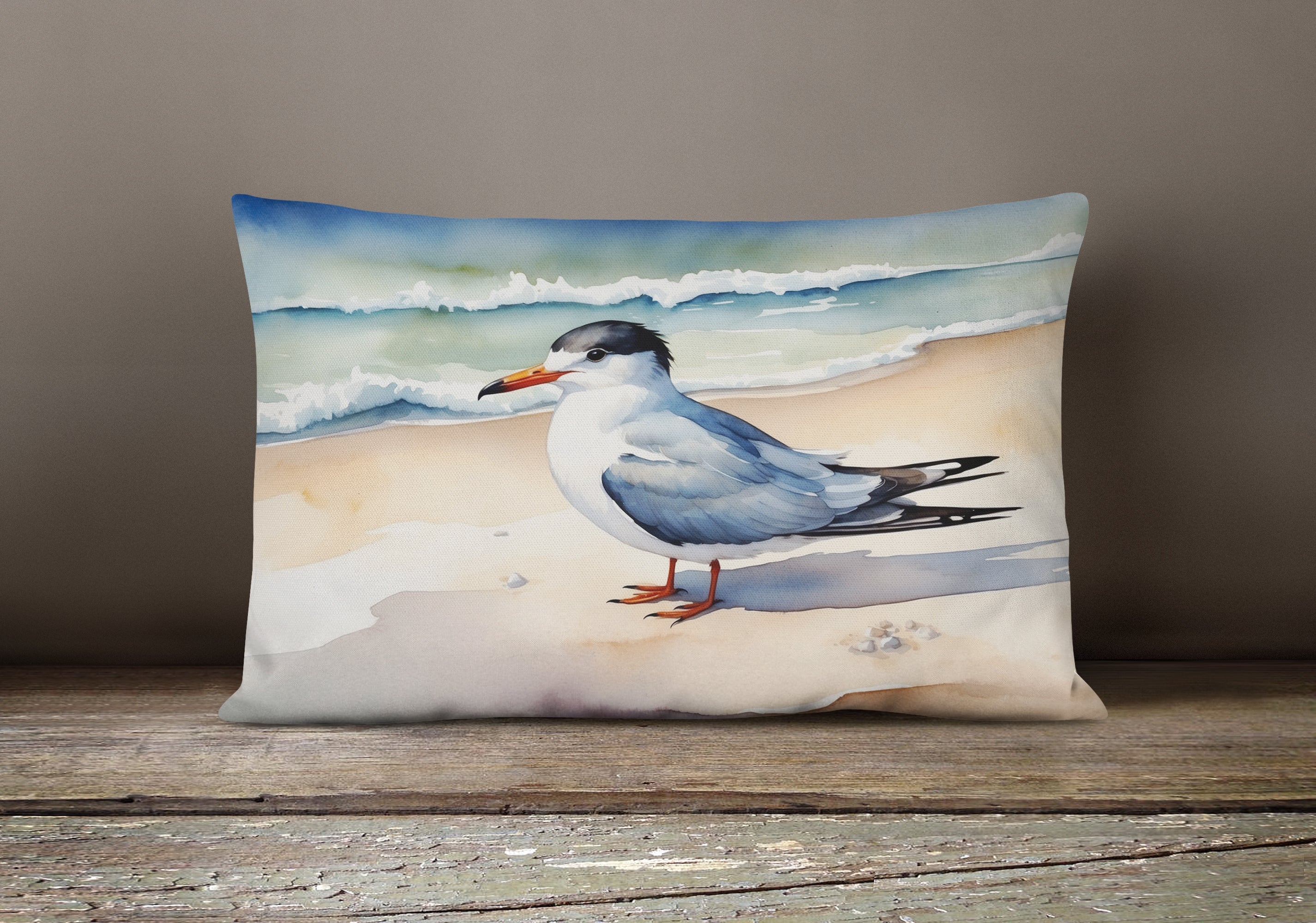 Tern Resting on Sandy Beach Watercolor Decorative Throw Pillow 12x16 Indoor Outdoor Accent Cushion, Fabric Cover with Insert for Sofa, Bed, Porch & Living Room