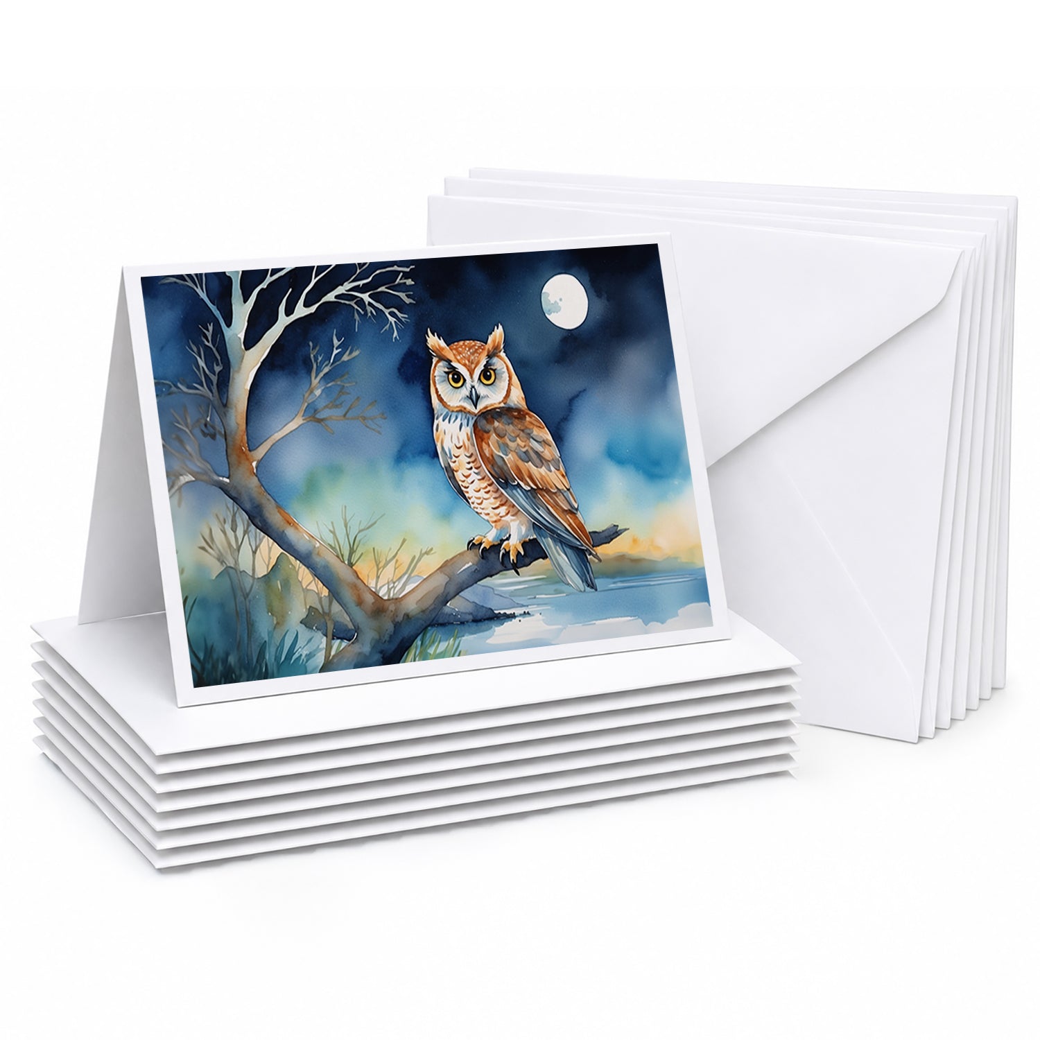 Owl on Tree by Moonlight Coastal Watercolor Greeting Cards Pack of 8 Blank Cards with Envelopes Whimsical A7 Size 5x7