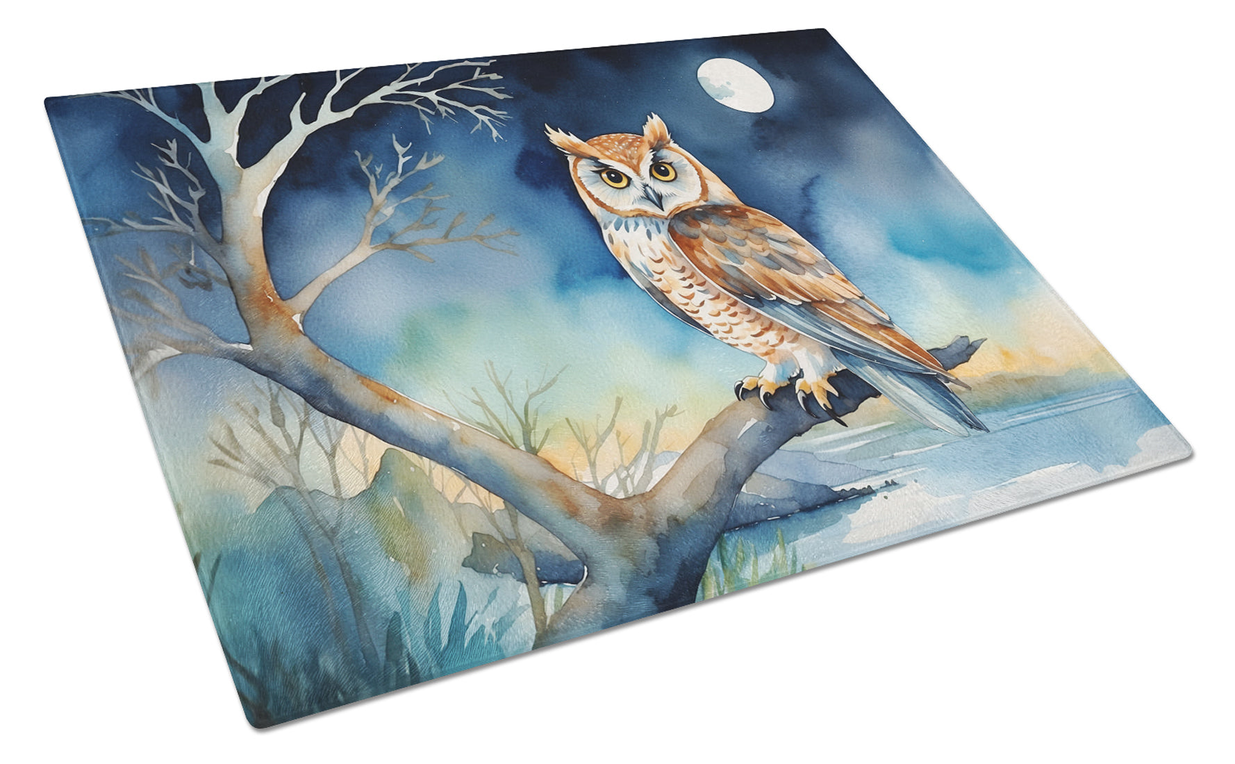 Owl on Tree by Moonlight Coastal Watercolor Cutting Board Tempered Glass Kitchen Cutting Surface, Heat Resistant Chopping, Non-Slip Feet, Food Prep & Serving