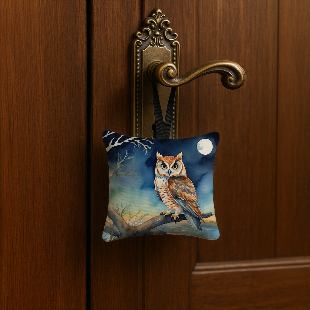 Owl on Tree by Moonlight Coastal Watercolor Hanging Square Fabric Ornament 3.5 × 3.5 Decorative Door-Knob & Tree Hanger, Soft Fabric