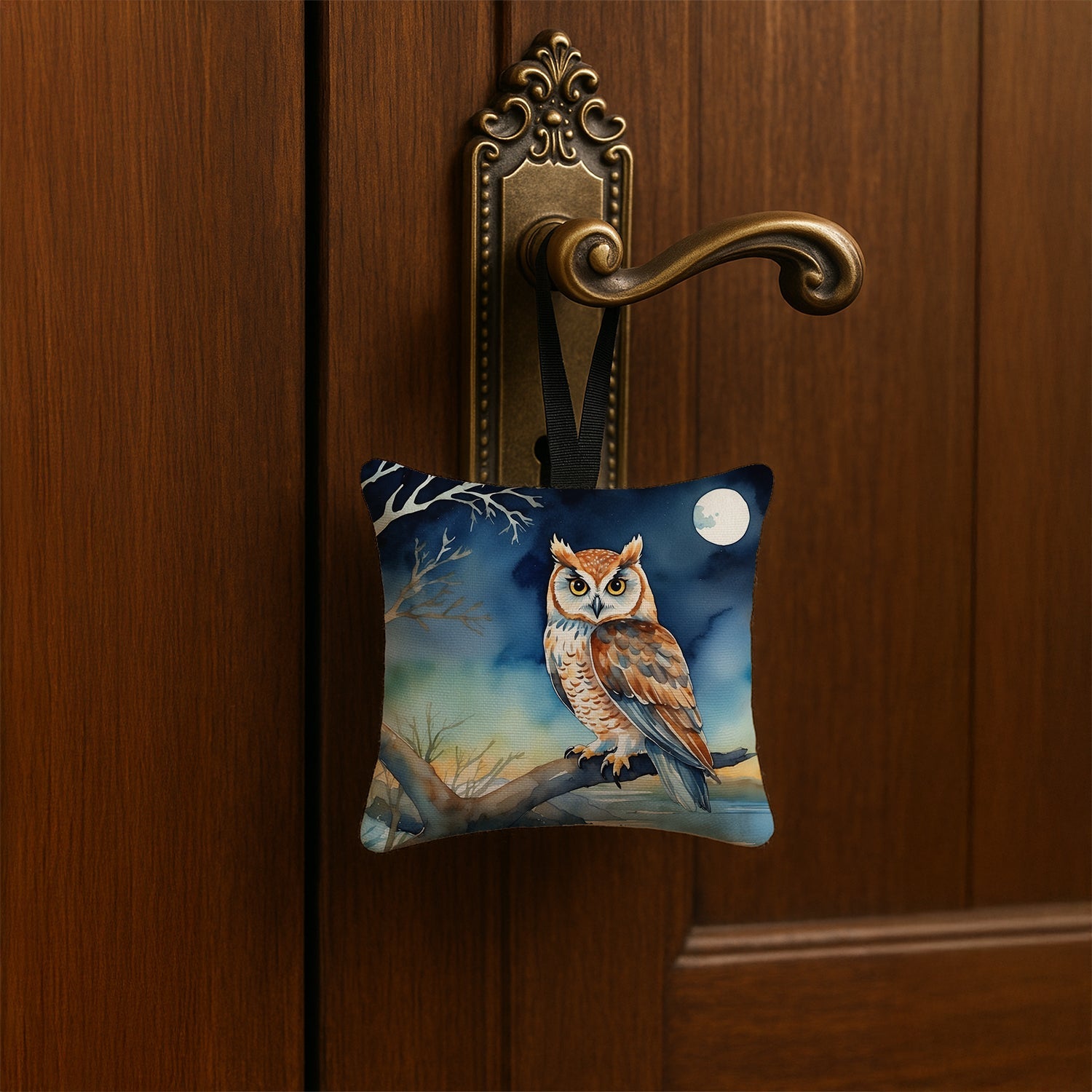 Owl on Tree by Moonlight Coastal Watercolor Hanging Square Fabric Ornament 3.5 × 3.5 Decorative Door-Knob & Tree Hanger, Soft Fabric