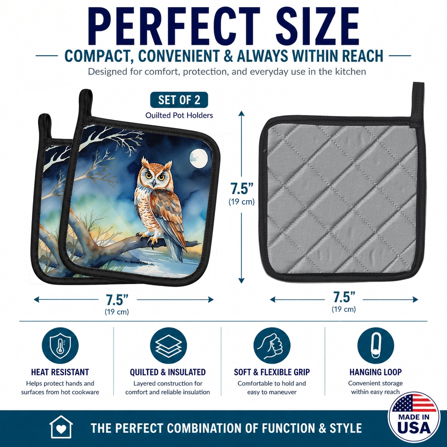 Owl on Tree by Moonlight Coastal Watercolor Pot Holder Set of 2 Heat Resistant Quilted Hot Pads 7.5 x 7.5 Inch, Insulated Kitchen Trivets for Cooking & Baking