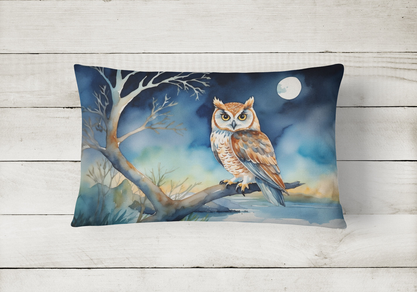 Owl on Tree by Moonlight Coastal Watercolor Decorative Throw Pillow 12x16 Indoor Outdoor Accent Cushion, Fabric Cover with Insert for Sofa, Bed, Porch & Living Room
