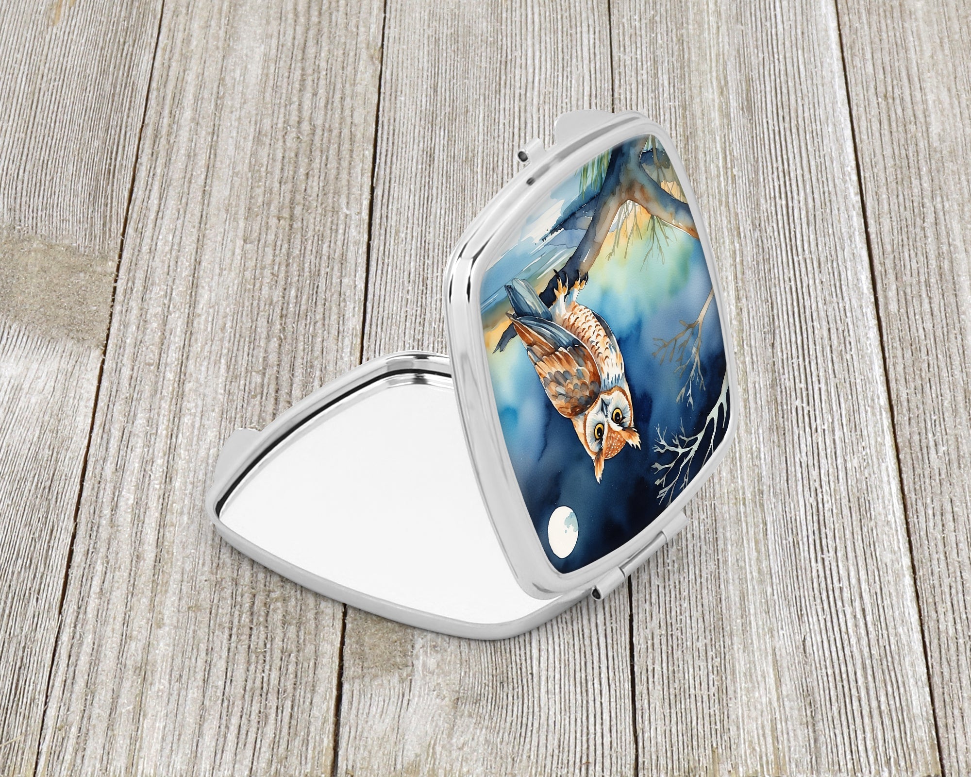 Owl on Tree by Moonlight Coastal Watercolor Compact Mirror Decorative Travel Makeup Mirror for Women Girls Gifts Pocket Makeup Mirror Folding Handheld