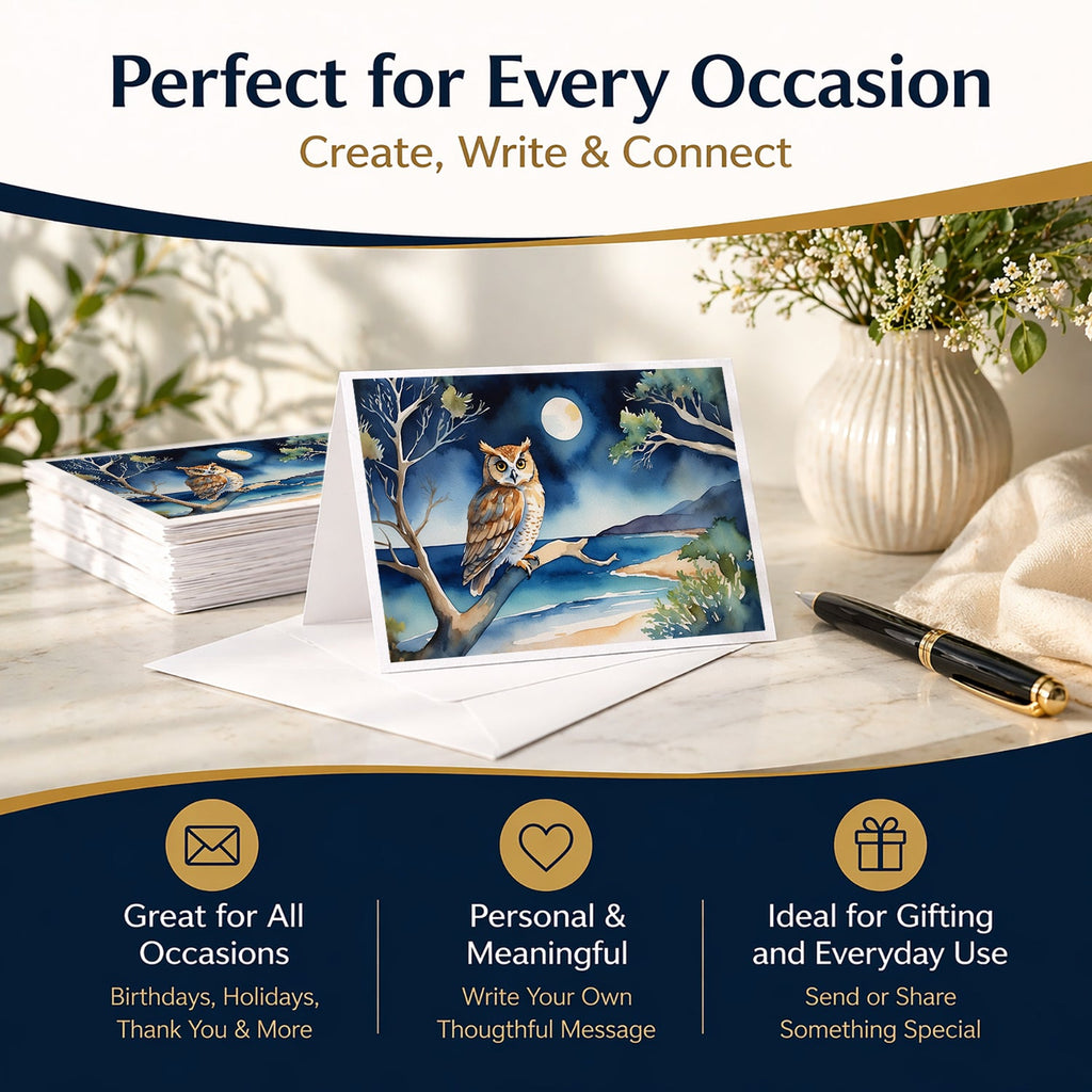 Owl by Moonlit Ocean Watercolor Greeting Cards Pack of 8 Blank Cards with Envelopes Whimsical A7 Size 5x7