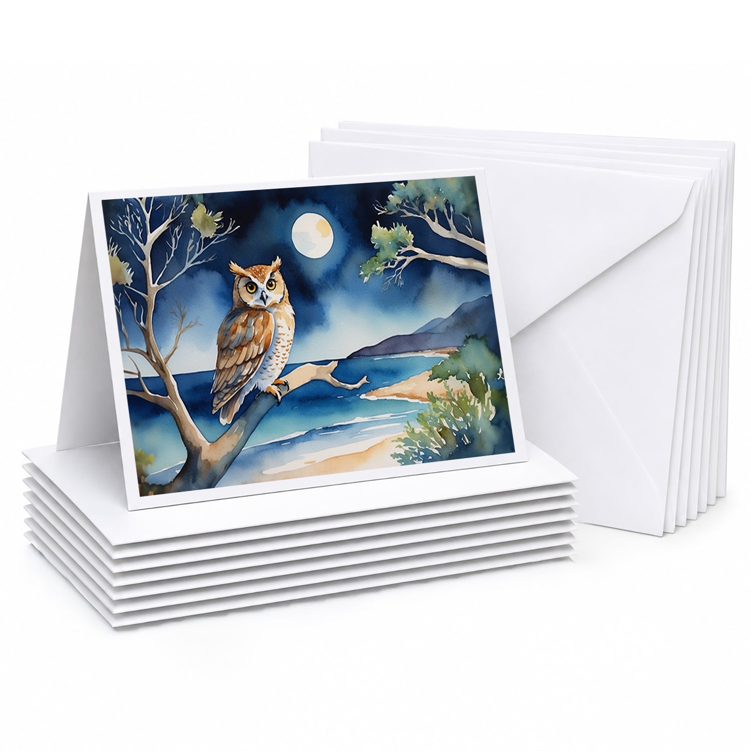 Owl by Moonlit Ocean Watercolor Greeting Cards Pack of 8 Blank Cards with Envelopes Whimsical A7 Size 5x7