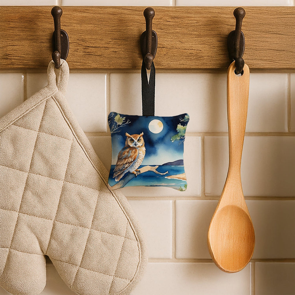 Owl by Moonlit Ocean Watercolor Hanging Square Fabric Ornament 3.5 × 3.5 Decorative Door-Knob & Tree Hanger, Soft Fabric