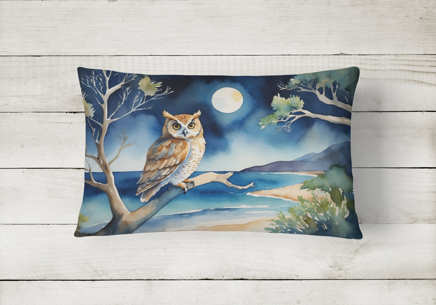 Owl by Moonlit Ocean Watercolor Decorative Throw Pillow 12x16 Indoor Outdoor Accent Cushion, Fabric Cover with Insert for Sofa, Bed, Porch & Living Room